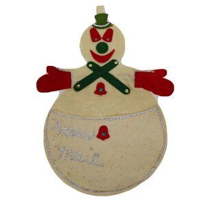 Vintage Handmade Christmas Xmas Mail Hanging Card Holder Snowman Glitter Felt
